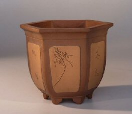 Unglazed Hexagon Bonsai Pot with Etched Panels