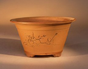 Ceramic Bonsai Pot - Unglazed Round with Floral Etching