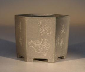 Ceramic Bonsai Pot - Unglazed  Grey Hexagon w/etched designs<br>3.75