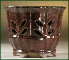 Ceramic Orchid Bonsai Pot<br>Maroon/Red Fluted Round<br>7