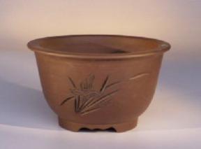 Ceramic Bonsai Pot <br>Unglazed Round Cascade with Deep Cut  Floral Etching<br>