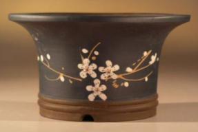Round Blue Bonsai Pot<br>with Painted Flowers<br>8.5