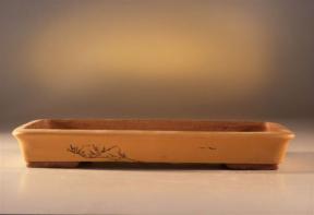 Tan Unglazed Rectangle Bonsai Pot<br>with Etched Designs<br>12.75