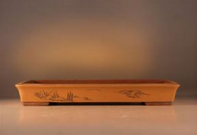 Tan Unglazed Rectangle Bonsai Pot<br>with Etched Designs<br>17