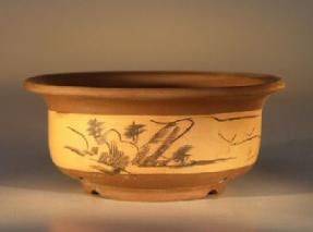 Ceramic Bonsai Pot - Round Unglazed w/etched design<br>7.5