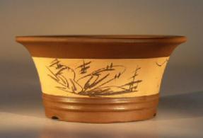 Ceramic Bonsai Pot - Round Unglazed w/etched design<br>7.5