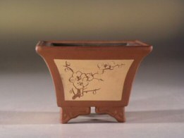 Unglazed Square  Bonsai Pot With Etched Floral Design<br>