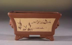 Unglazed Rectangle Bonsai Pot with Etched Floral Design<br>