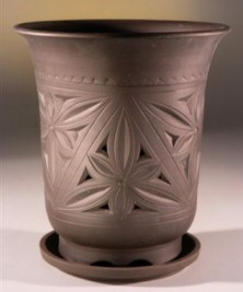 Ceramic Orchid Pot - Carved Unglazed Brown Cascade With Matching Tray-6.5
