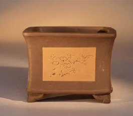 Ceramic Bonsai Pot - Unglazed Square With Floral Etching