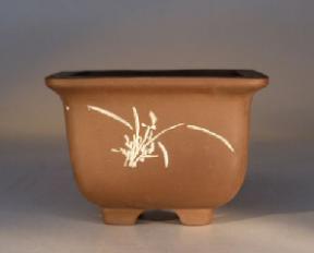 Ceramic Bonsai Pot - Unglazed Square  with Etched Designs