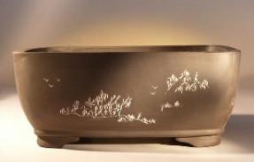 Ceramic Bonsai Pot <br>Unglazed Brown Rectangle with Etched Design<br>