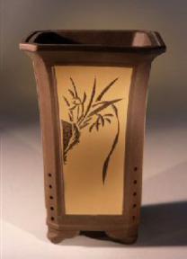 Ceramic Bonsai Pot <br>Unglazed Brown Square Cascade with Etched Design<br>