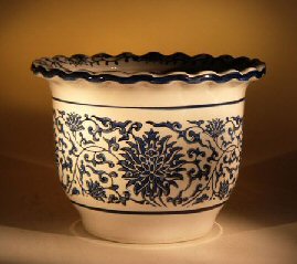Ceramic Bonsai Pot  -  Blue and White Round
