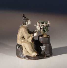 Woman Trimming Bonsai Tree<br>Ceramic Mud Figurine