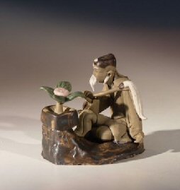 Man Sitting on a Rock with Bonsai Tree<br>Miniature Ceramic Mud Figurine
