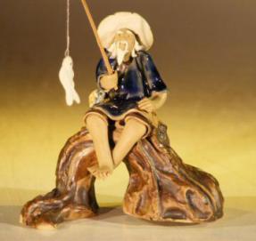 Ceramic Figurine<br>Fisherman Sitting On A Log<br>Large Size