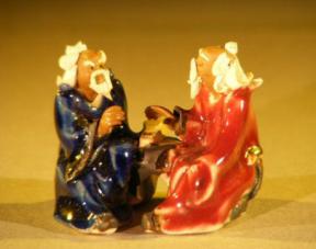 Miniature Ceramic Figurine<br>Two Men Sitting at a Table with Fine Detail<br>Color: Blue & Red