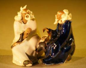 Miniature Ceramic Figurine<br>Two Men Sitting at a Table with Fine Detail<br>Color: White & Blue