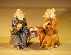 Miniature Ceramic Figurine<BR>Two Men Sitting at a Table with Fine Detail<BR> Color: Blue & Brown