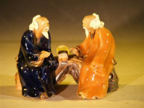 Miniature Glazed Figurine<br>Two Men Sitting on a bench in Fine Detail