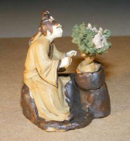 Ceramic Figurine: Woman Trimming Bonsai Tree<br><i>Measures 2.0