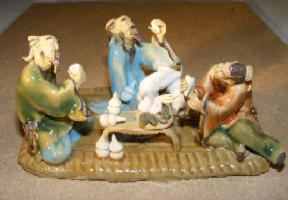 Miniature Ceramic Figurine: Three Men Sitting at a Table - Fine Detail