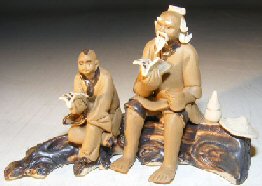 Miniature Ceramic Figurine<br>Father & Son Sitting on a Log Reading Books<br>in Fine Detail