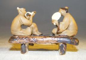 Miniature Ceramic Figurine<br> Two Men Sitting on a Bench