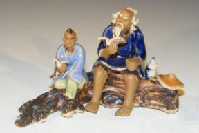 Miniature Ceramic Figurine<br>Father & Son Sitting on a Log Reading Books<br>Fine Detail