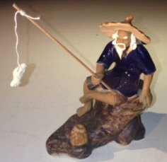 Ceramic Figurine<br>Fisherman Sitting On a Rock Fishing<br>Large Size