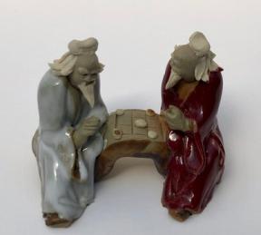 Ceramic Figurine<br>Two Men Sitting On A Bench Playing Chess - 2.25