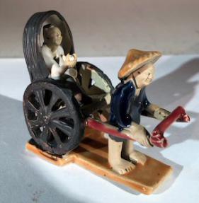 Miniature Ceramic Figurine<br>Glazed Man Pulling Rickshaw