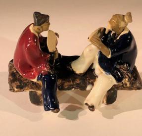 Ceramic Figurine<br>Two Men Sitting On A Bench With Fans- 3