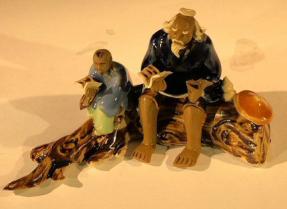 Miniature Ceramic Figurine<br>Father & Son Sitting on a Log Reading Books - 2.5