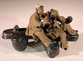 Miniature Ceramic Figurine<br> Couple Sitting on Bench Making Music - 3