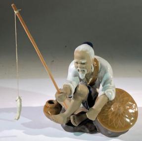 Miniature Ceramic Figurine <br>Glazed Fisherman - Large