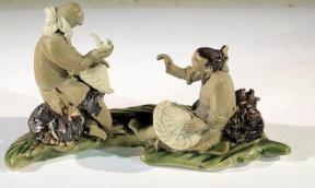 Miniature Ceramic Figurine <br>Two Mud Men On A Leaf, One Sitting Smoking a Pipe, The Other Sitting Down - 3