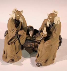 Ceramic Figurine<br>Two Mud Men Sitting On A Bench with Musical Instrument - 2