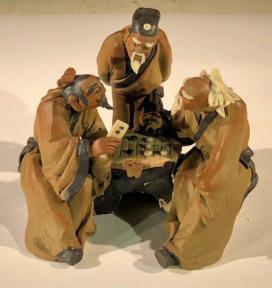 Miniature Ceramic Figurine<br>Three Mud Men Sitting at a Table Playing Chess - 3