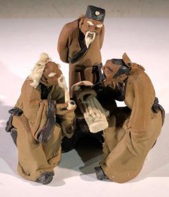 Miniature Ceramic Figurine<br>Three Mud Men Sitting at a Table Playing Musical Instrument - 3