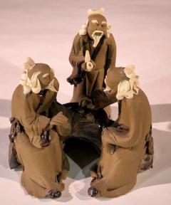 Miniature Ceramic Figurine<br>Three Mud Men Sitting at a Table Playing Chess - 3