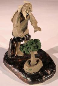 Miniature Ceramic Figurine<br>Mud Man Working on Bonsai Tree - 3