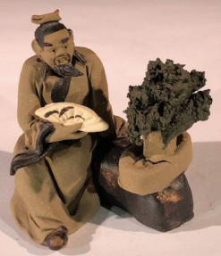 Miniature Ceramic Figurine<br>Mud Man Holding Fan With Bonsai Tree<br>2.5