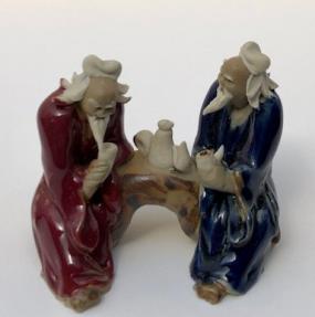 Ceramic Figurine<br>Two Men Sitting On A Bench Drinking Tea 2.25