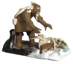 Ceramic Figurine<br>Mud Man on Raft with Crane Catching Fish - 2.5
