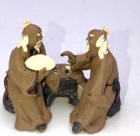 Miniature Ceramic Figurine<br>Two Mud Men Sitting On A Bench Playing Chess - 1.5