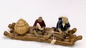 Ceramic Figurine<br>Couple on Bamboo Boat Fishing - 2