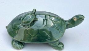 Miniature Ceramic Figurine<br>Turtle with Baby on Top - 2.5
