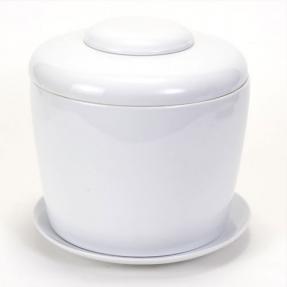 White Porcelain Ceramic Bonsai Cremation Urn<br>with Matching Humidity / Drip Tray<br>Round, 9” high and 9” in diameter